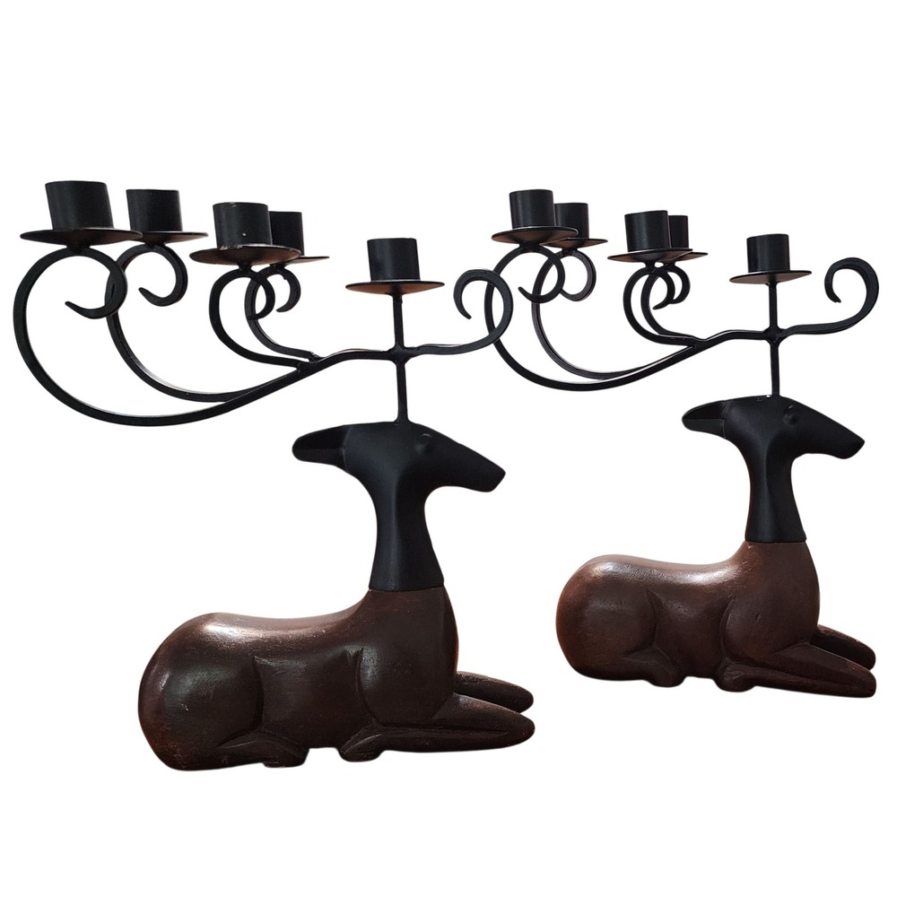 Pier One Deer Candelabra Set Metal Wood Rustic Lodge Cabin Candle Holders Pair